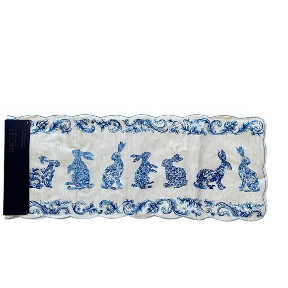 RACHEL ROY Blue Bunny Rabbit TOILE Easter Table Runner 14x90 New - Picture 1 of 16